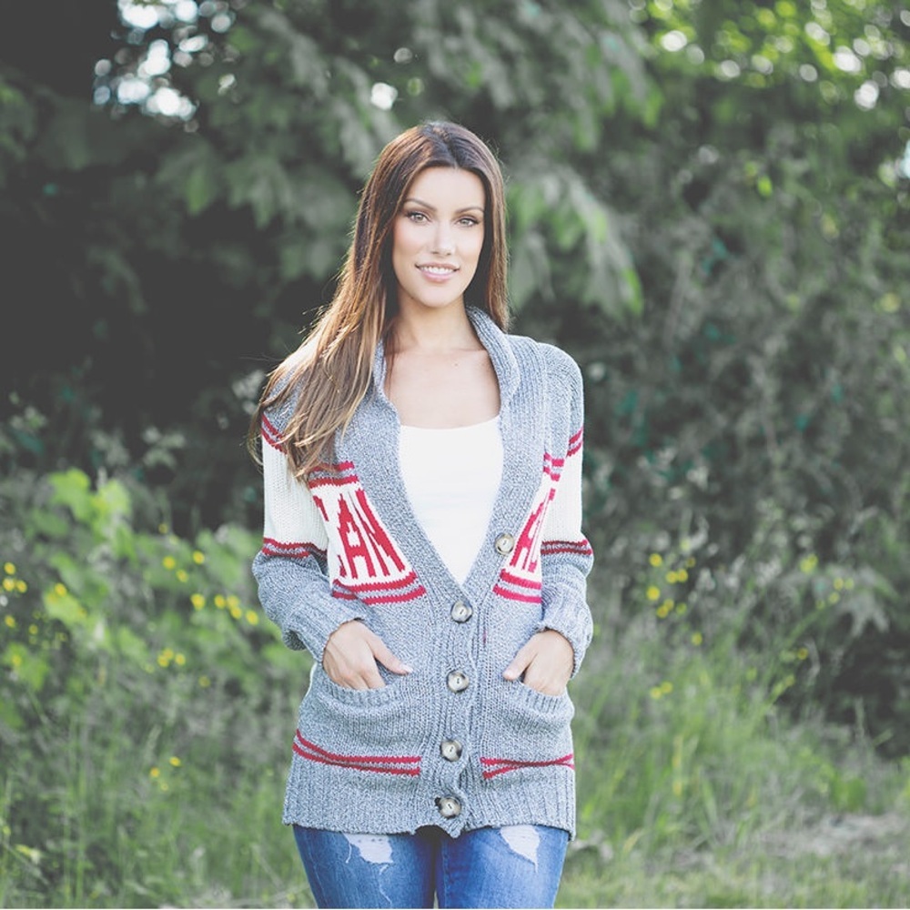 Silver Icing Cotton Country Gray and Red Women's Canadian Cardigan - Picture 2 of 7